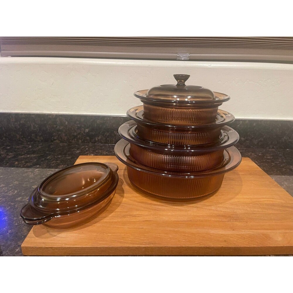 Vintage Corning Visions Amber 10-Piece Casserole Set – 5 Dishes + 5 Lids